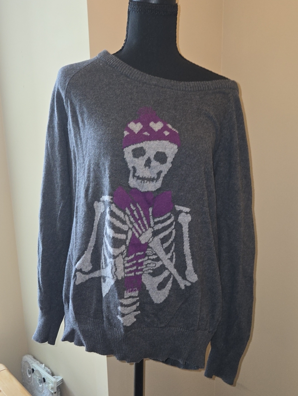 torrid Gray Off-Shoulder Sweater with Purple Skeleton Graphic